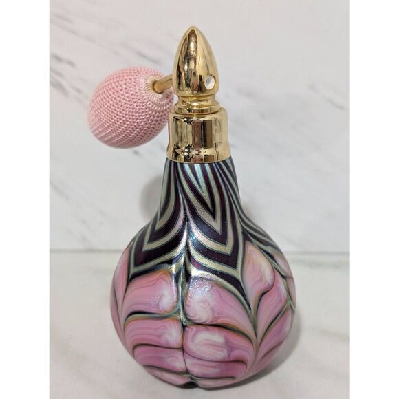 Daniel Lotton Signed 1991 Swirled Iridescent Blown Art Glass Perfume Atomizer Bo - Picture 4 of 8